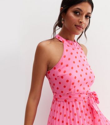 Pink Spot Chiffon Pleated Halter Neck Midi Dress New Look