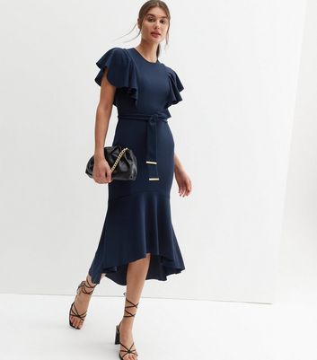 Navy Scuba Crepe Ruffle Sleeve Belted Midi Dress