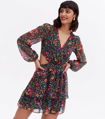 Click to view product details and reviews for Black Floral Cut Out Long Sleeve Mini Dress New Look.