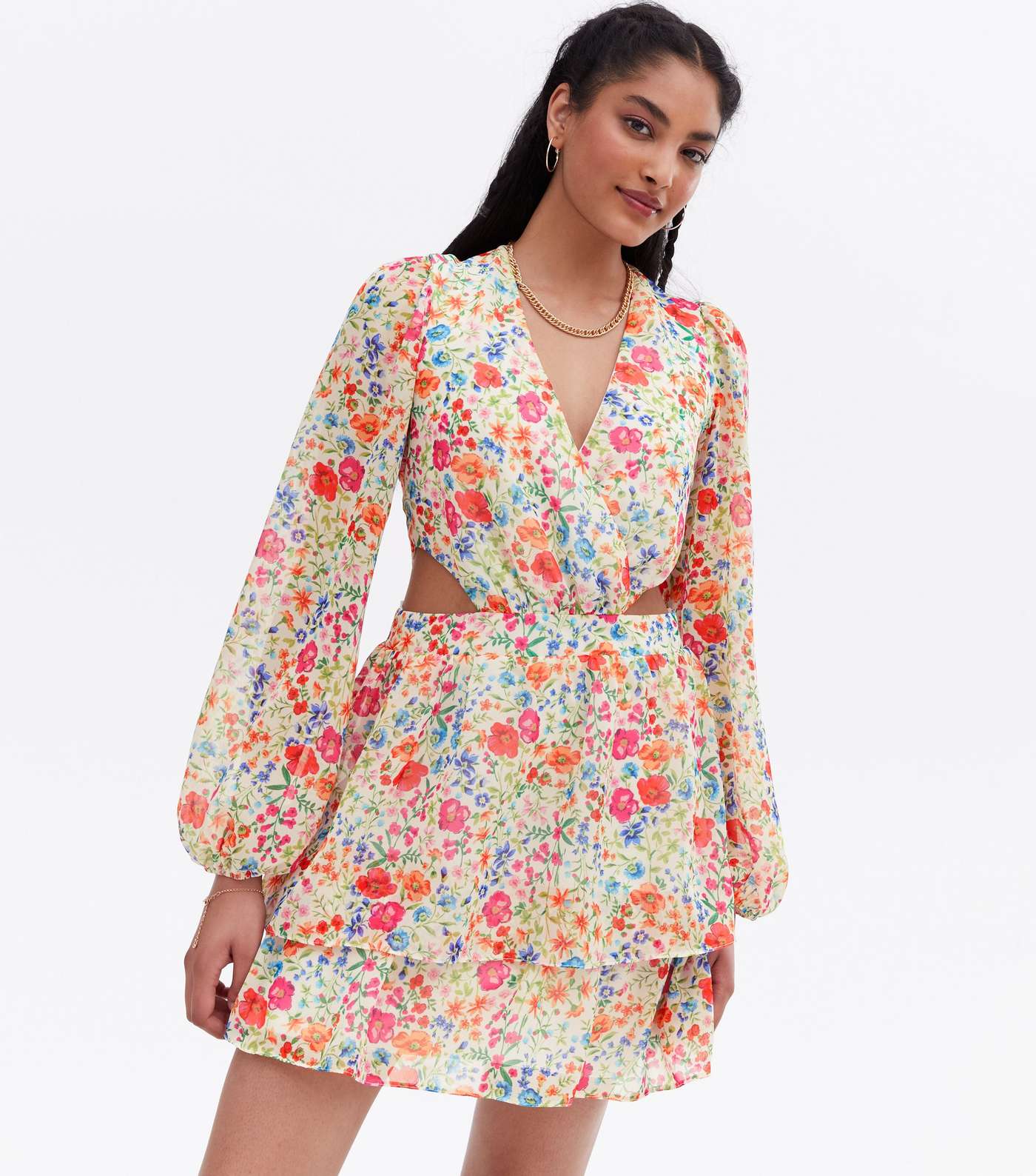 White Floral Cut Out Long Sleeve Mini Dress