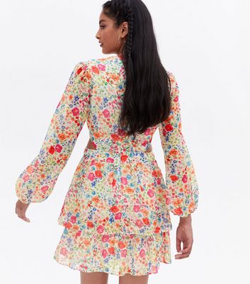 White Floral Cut Out Long Sleeve Mini Dress | New Look