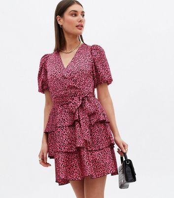 Pink Leopard Print Satin Tiered Mini Wrap Dress New Look