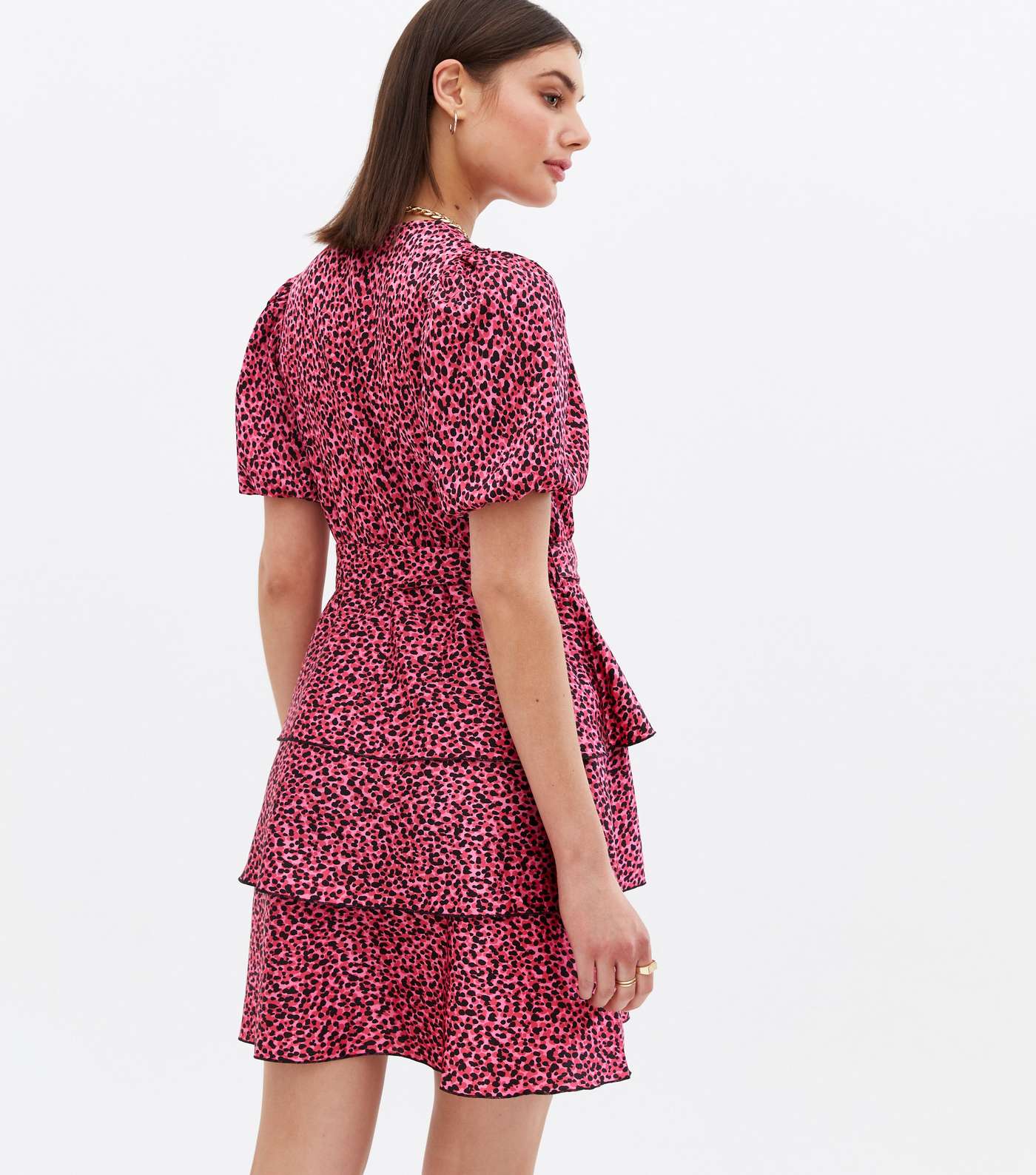 Pink Leopard Print Satin Tiered Mini Wrap Dress Image 4
