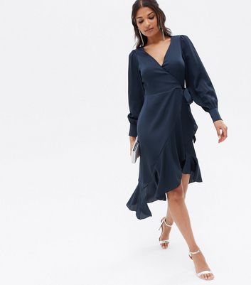 Navy Satin Ruffle Midi Wrap Dress