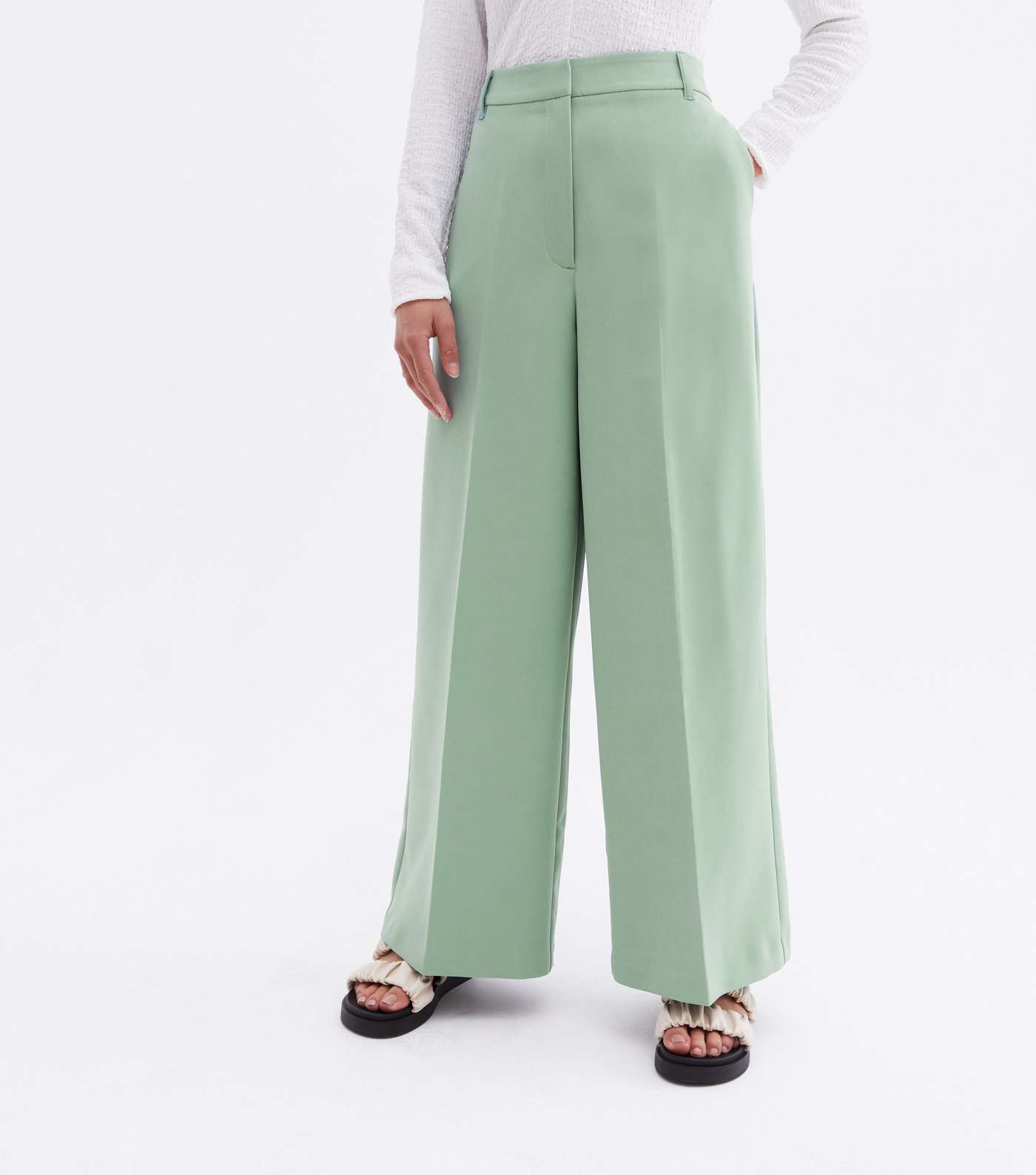Petite Light Green Pleated High Waist Wide Leg Trousers Image 2