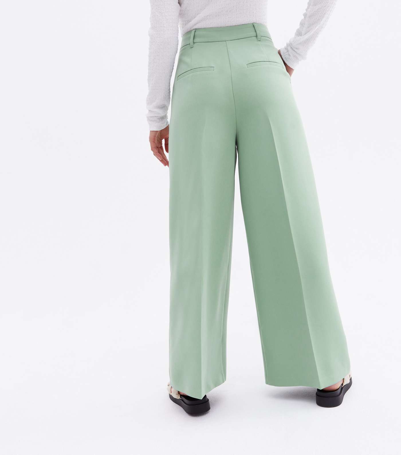 Petite Light Green Pleated High Waist Wide Leg Trousers Image 4