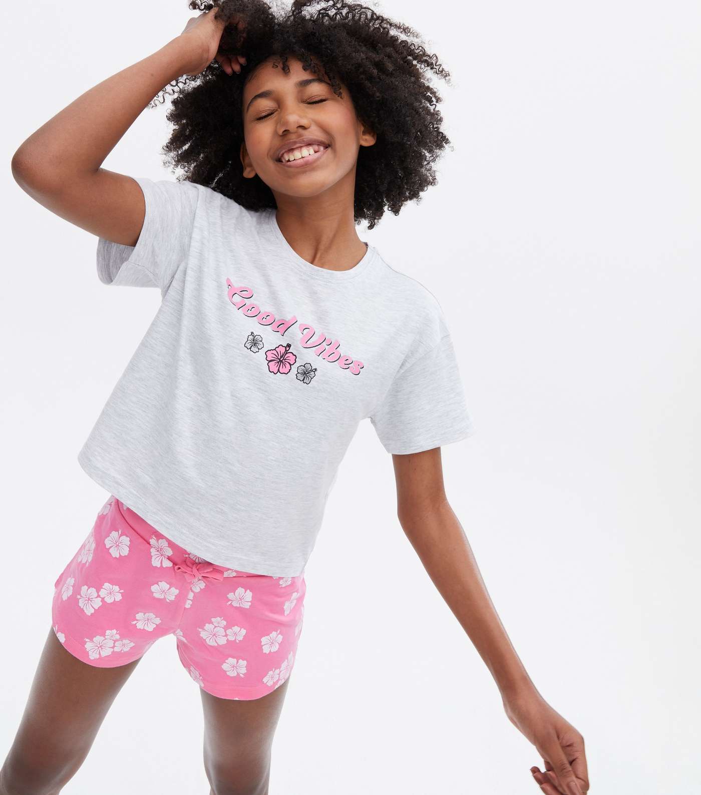 Girls Light Grey Short Pyjama Set with Floral Logo