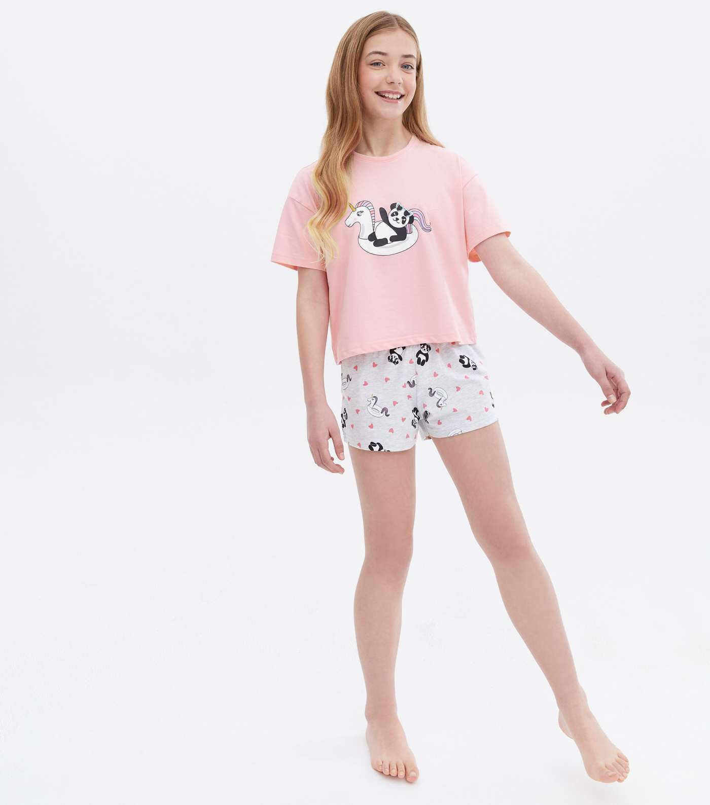 Girls Pink Short Pyjama Set with Panda Print Image 2