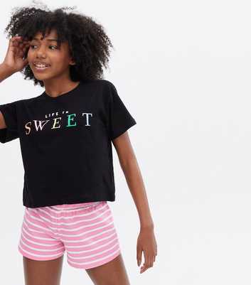 Girls Black Stripe Short Pyjama Set with Sweet Logo