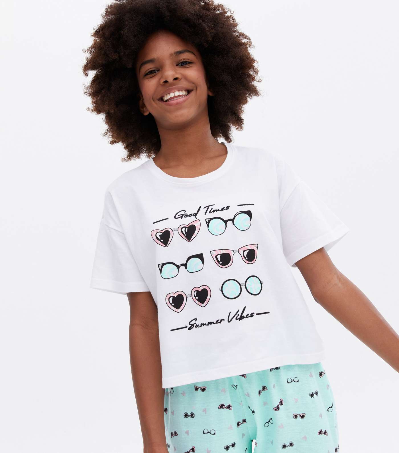 Girls White Jogger Pyjama Set with Sunglasses Logo Image 2