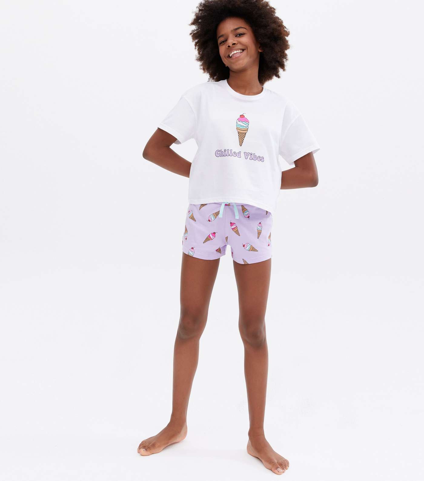 Girls White Short Pyjama Set with Ice Cream Print Image 2