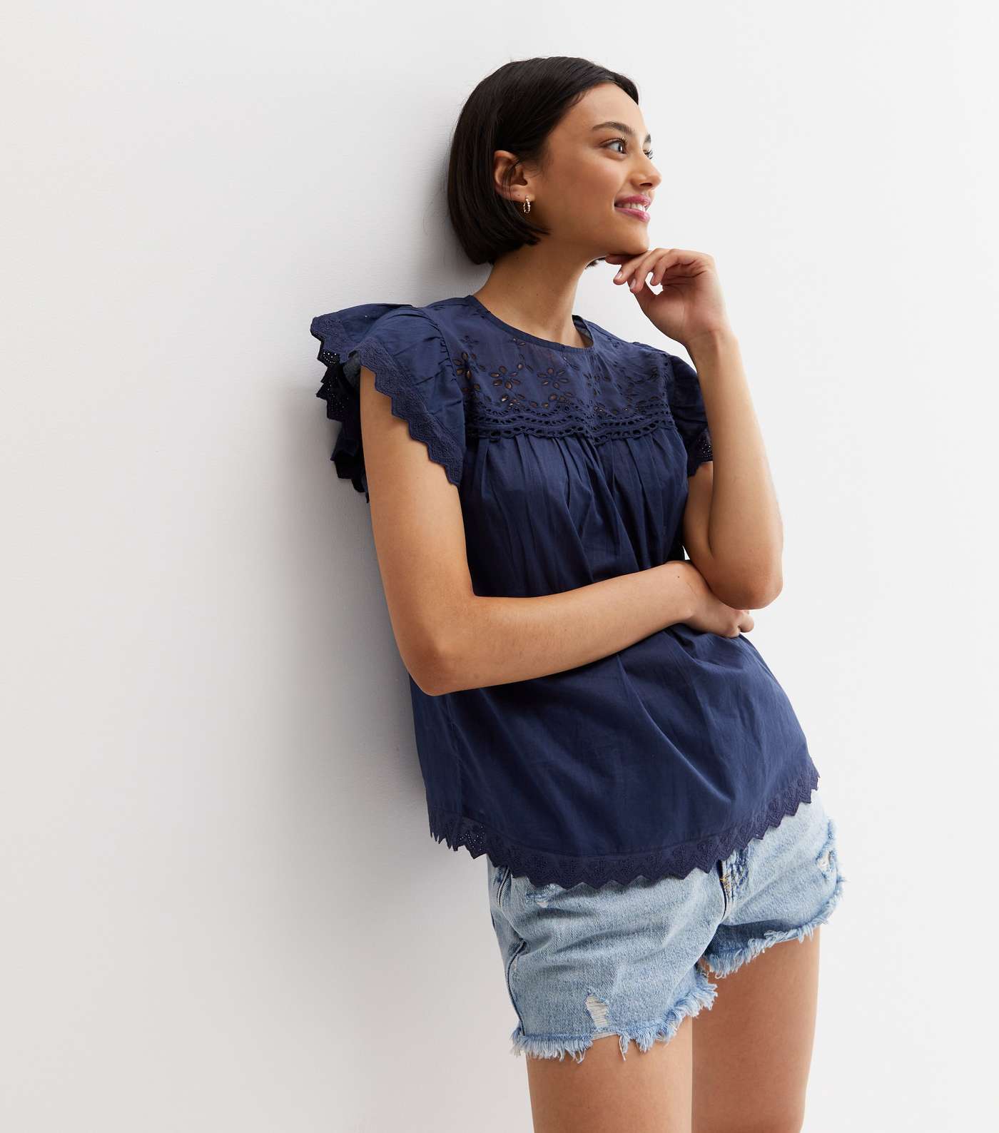 Navy Broderie Frill Blouse