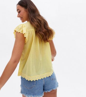 Pale Yellow Broderie Frill Blouse New Look