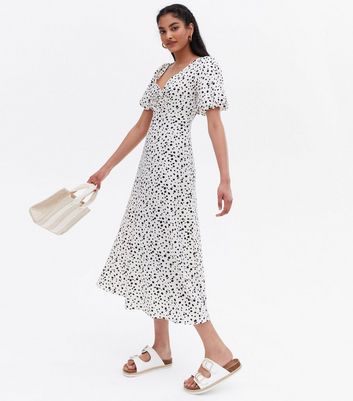 White Spot Ruched Puff Sleeve Midi Dress New Look