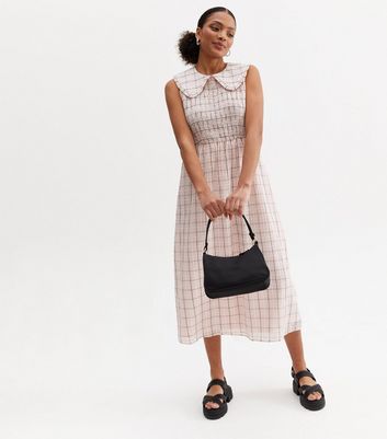 Pink Check Shirred Sleeveless Collared Midi Dress