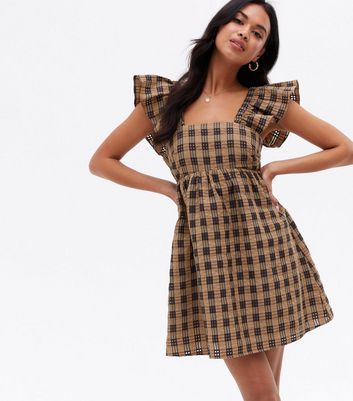 Brown Check Seersucker Frill Shoulder Mini Dress New Look