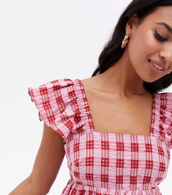 Red Check Seersucker Frill Shoulder Mini Dress New Look