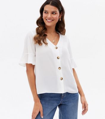 White Flutter Sleeve Button Front Shirt 