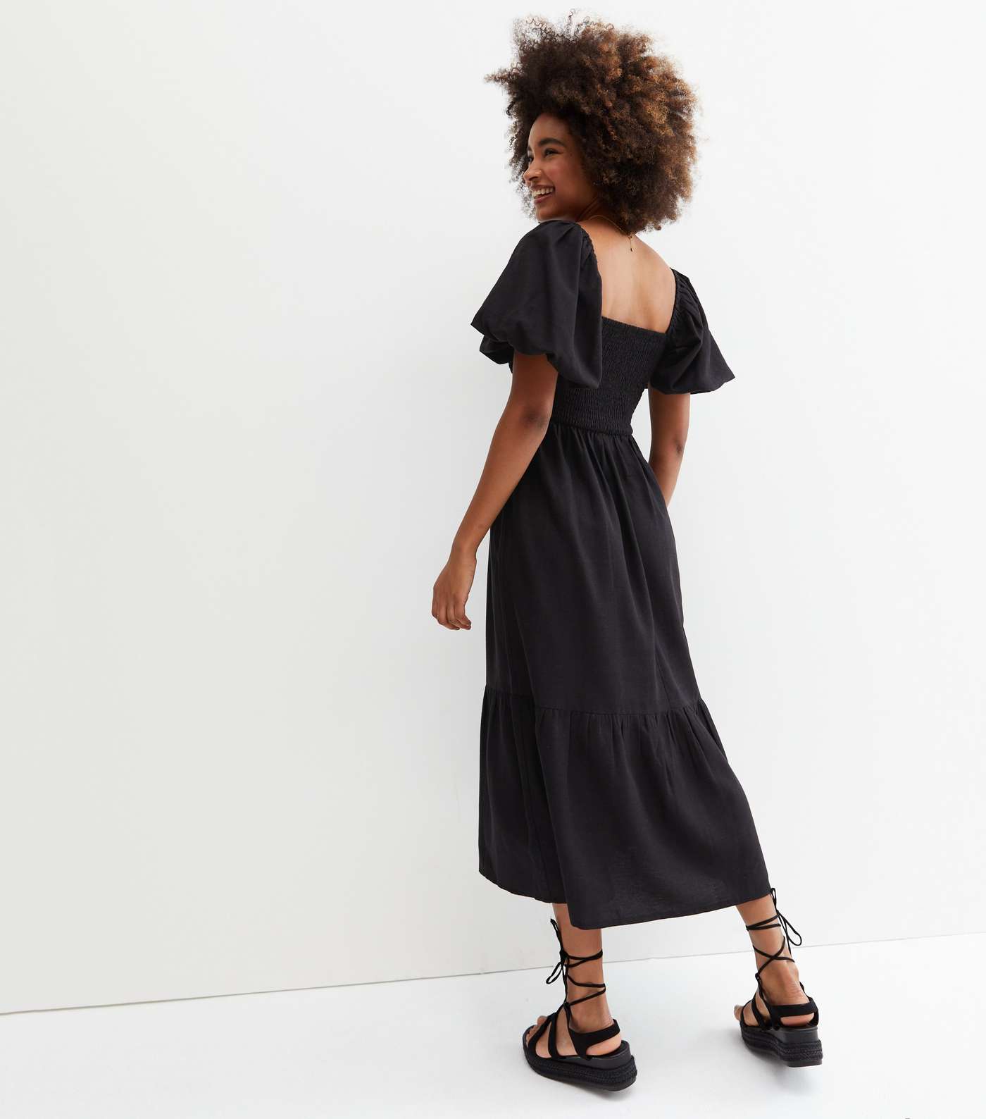 Black Linen-Look V Neck Puff Sleeve Midi Dress Image 4