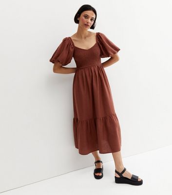 brown puff sleeve dress