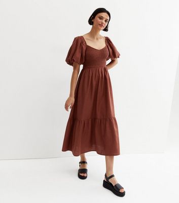 Damen Bekleidung Dark Brown Linen-Look V Neck Puff Sleeve Midi Dress