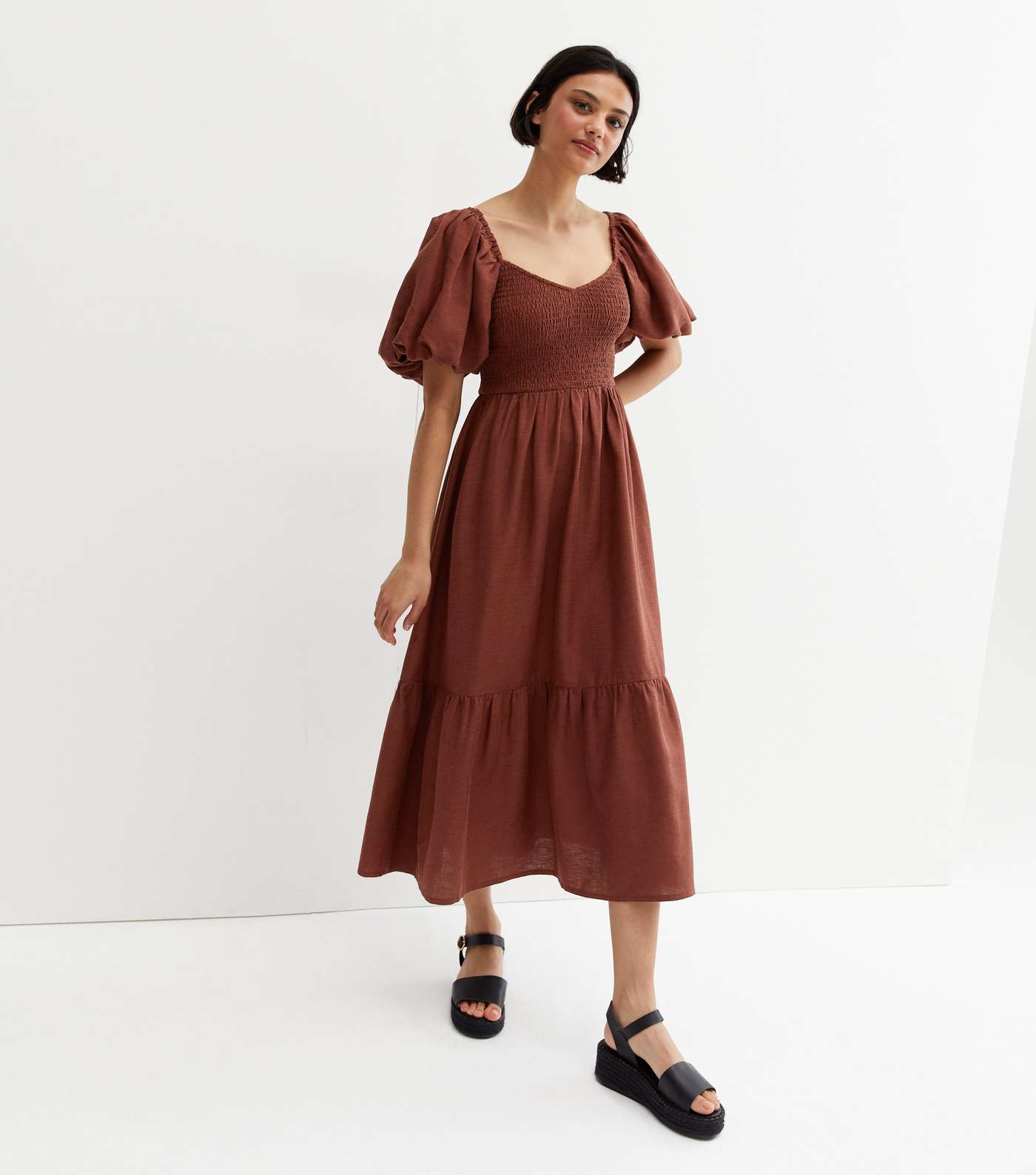Dark Brown Linen-Look V Neck Puff Sleeve Midi Dress Image 3