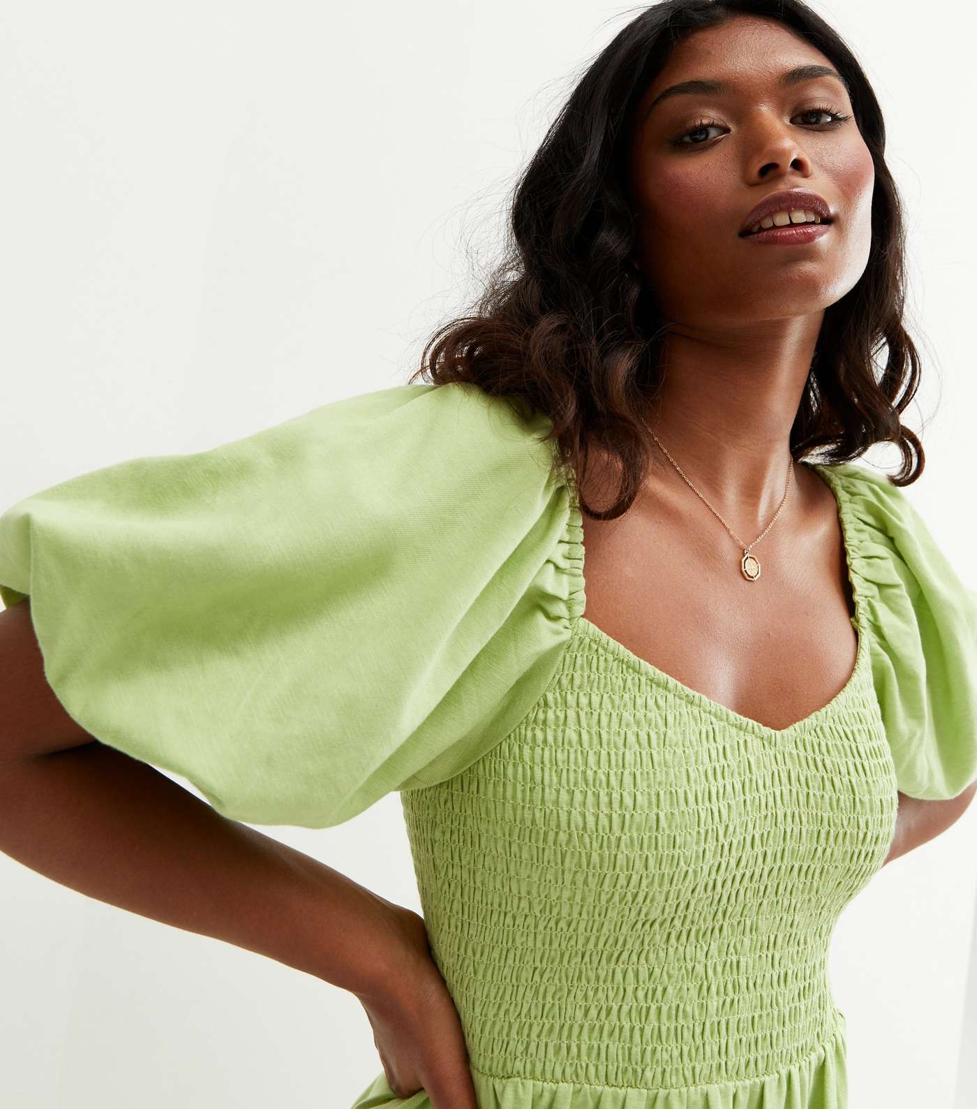 Light Green Linen-Look V Neck Puff Sleeve Midi Dress