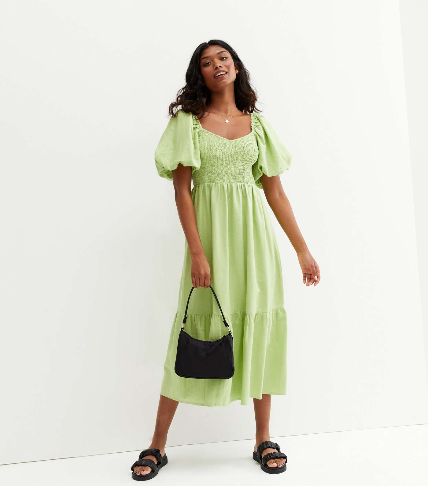 Light Green Linen-Look V Neck Puff Sleeve Midi Dress Image 3