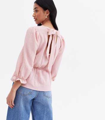 Petite Pale Pink Textured Tie Back Peplum Blouse