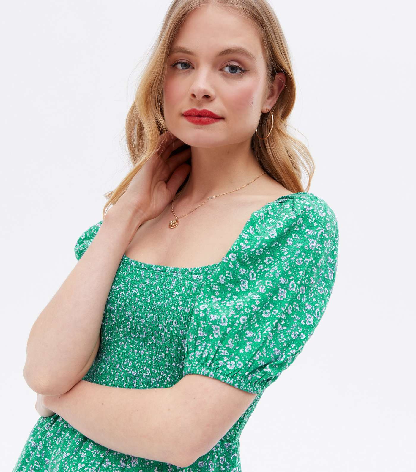Green Floral Shirred Frill Mini Dress Image 3