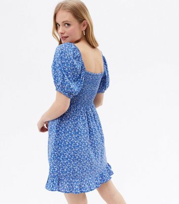 Blue Floral Shirred Frill Mini Dress | New Look