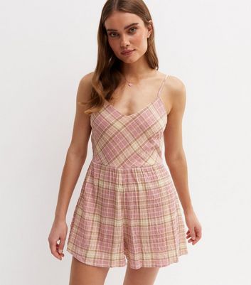 Pink Check Lace Up Back Playsuit