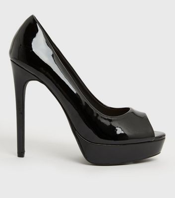 Black Patent Stiletto Heel Platform Court Shoes | New Look
