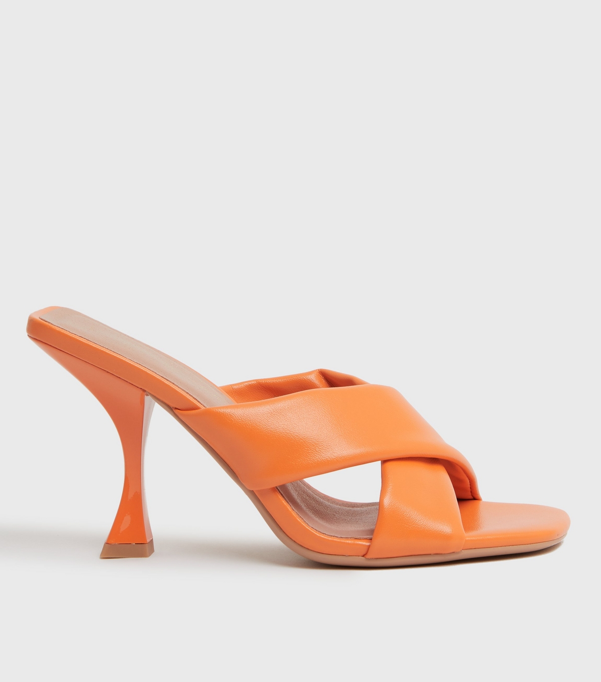Women's Bright Orange Cross Strap Curved Heel Mules Vegan New Look