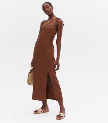 Tall Brown Linen Blend Tie Strap Midi Dress