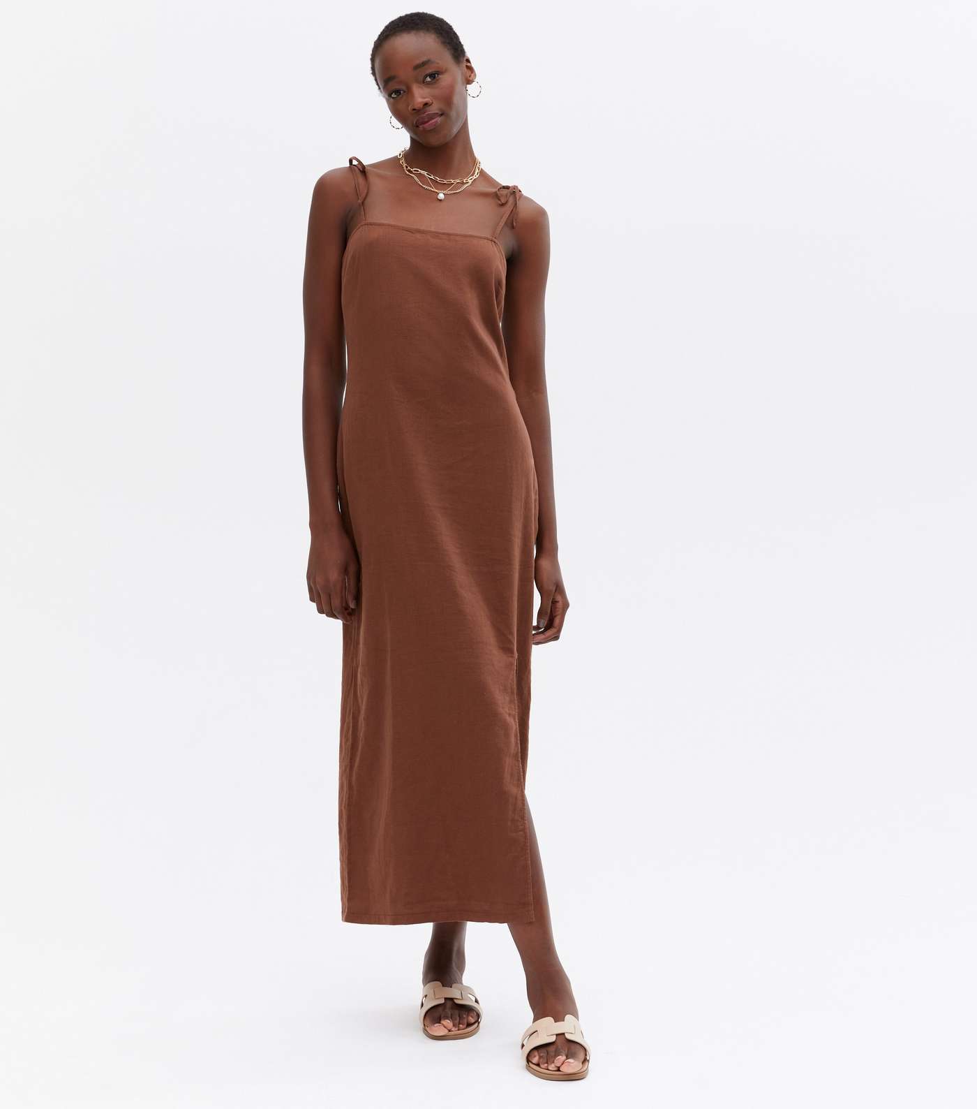 Tall Brown Linen Blend Tie Strap Midi Dress Image 2