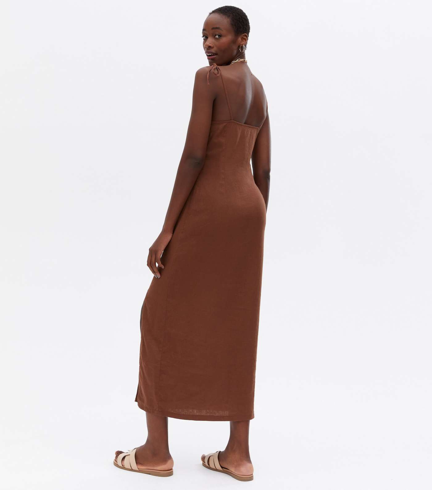 Tall Brown Linen Blend Tie Strap Midi Dress Image 4