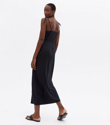 Tall Black Linen Blend Tie Strap Midi Dress New Look