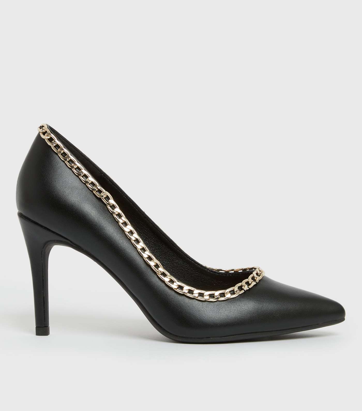 Black Leather-Look Chain Stiletto Court Shoes