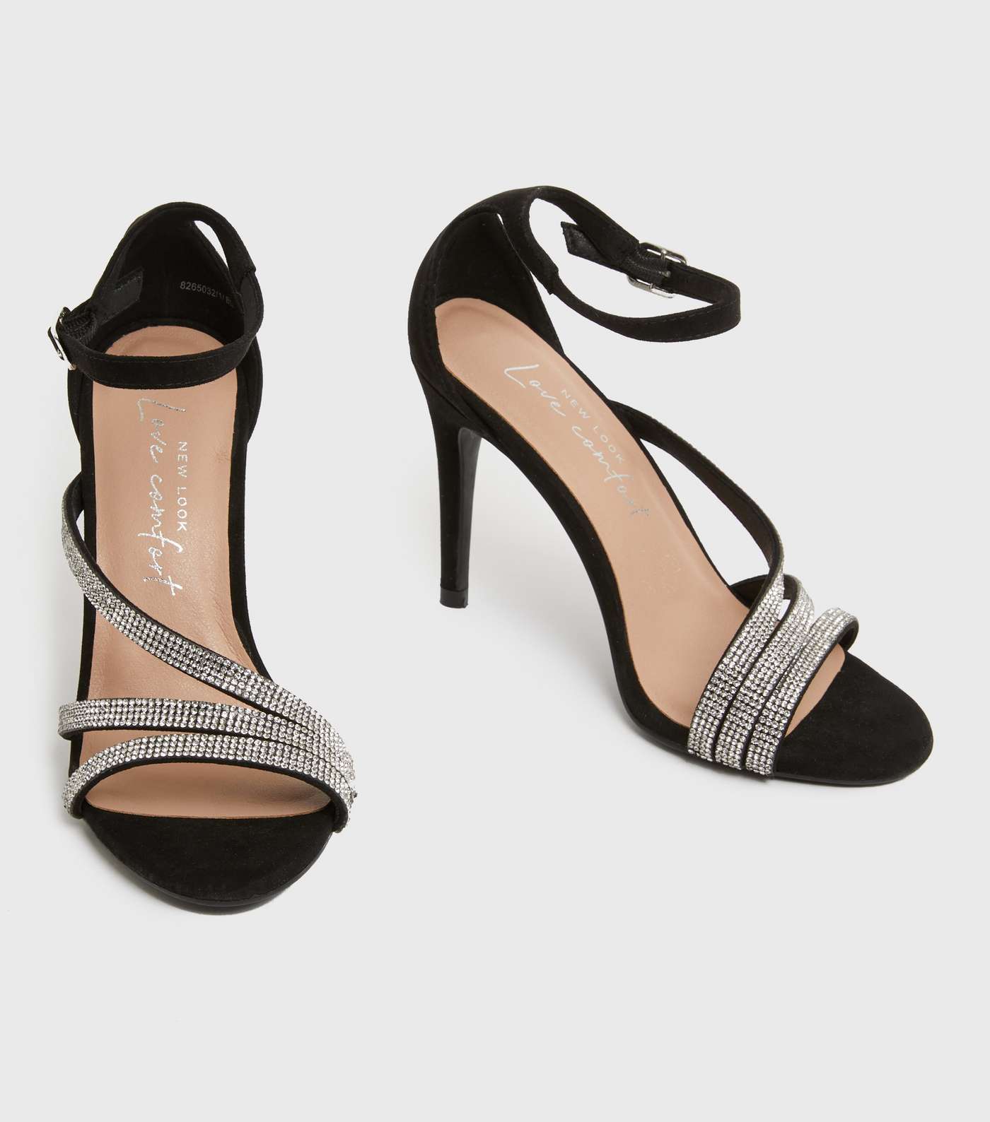 Black Suedette Diamanté Strap Stiletto Heel Sandals Image 3