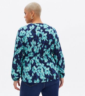 Vero Moda Curves Blue Floral Tie Front Peplum Blouse New Look