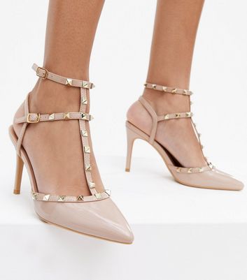 Pale Pink Patent Studded Caged Stiletto Heel Court Shoes New Look