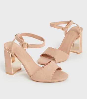 Pale Pink Suedette Scallop Block Heel Sandals