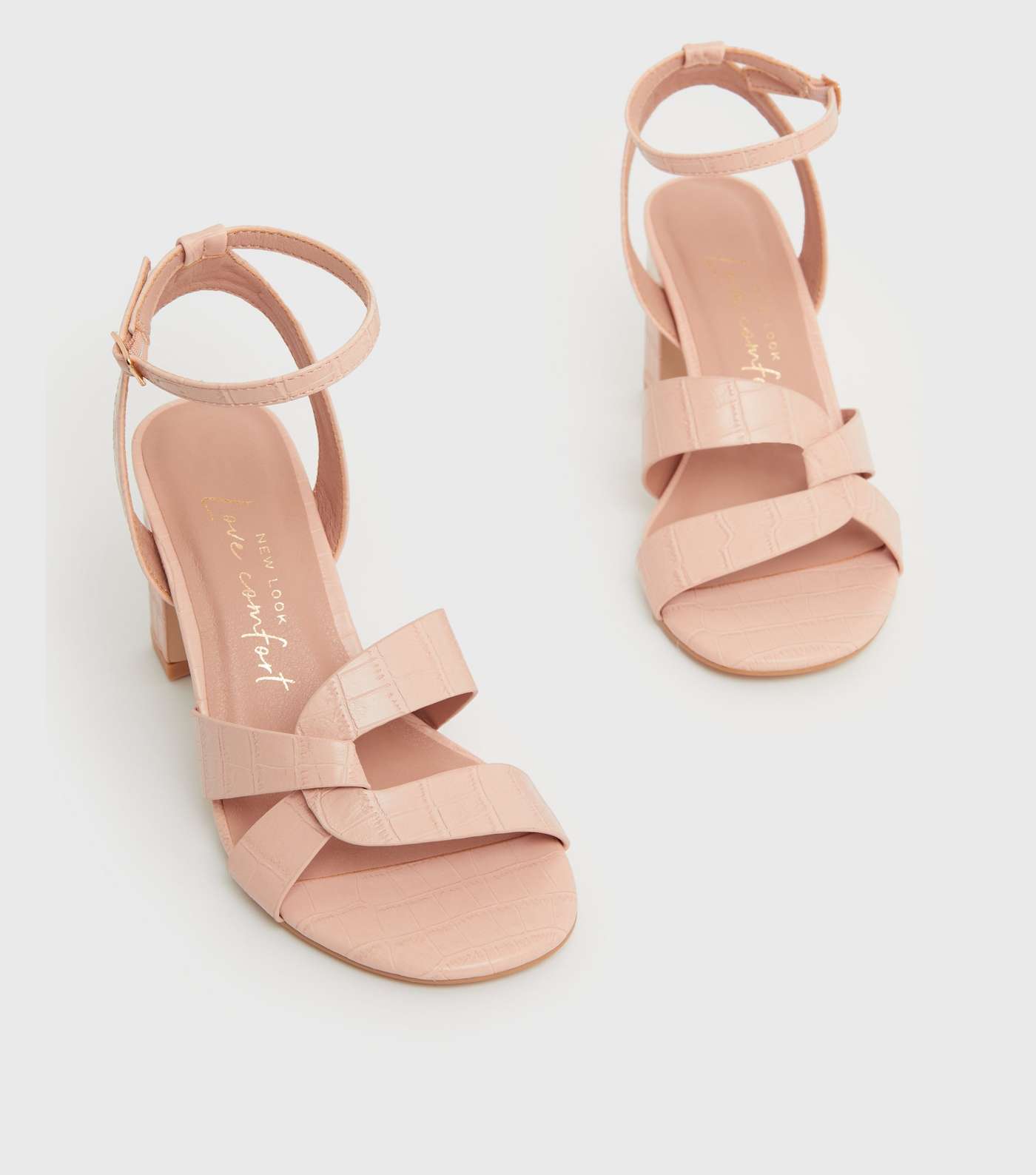 Wide Fit Pale Pink Faux Croc Cross Block Heel Sandals Image 3