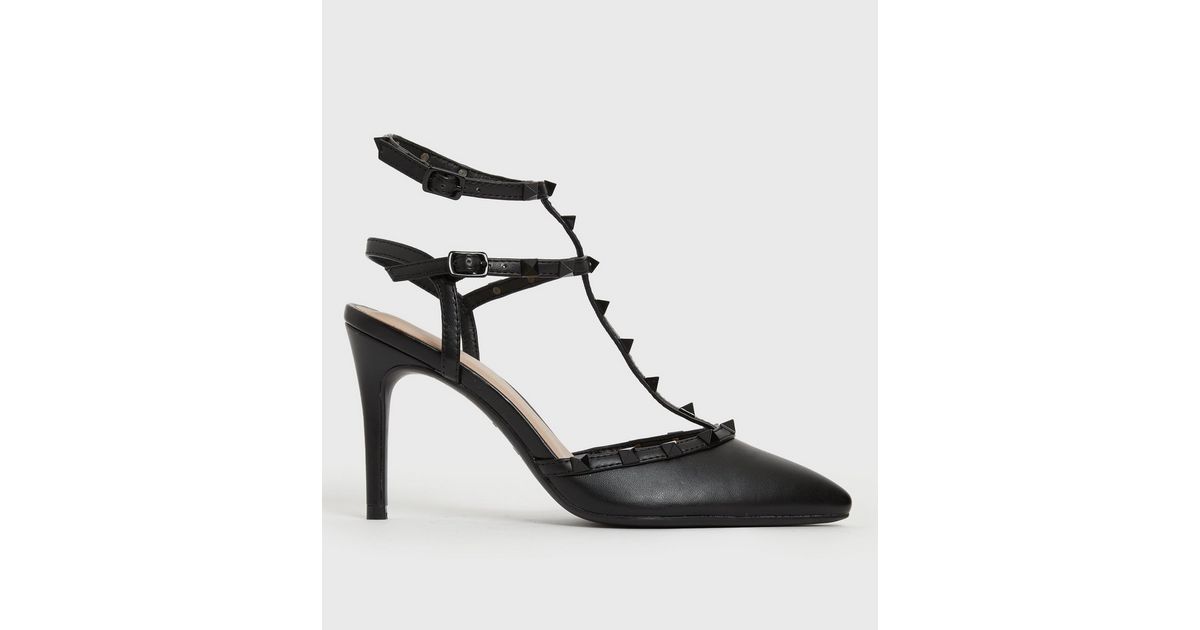 Black LeatherLook Strappy Studded Stiletto Heel Court Shoes New Look