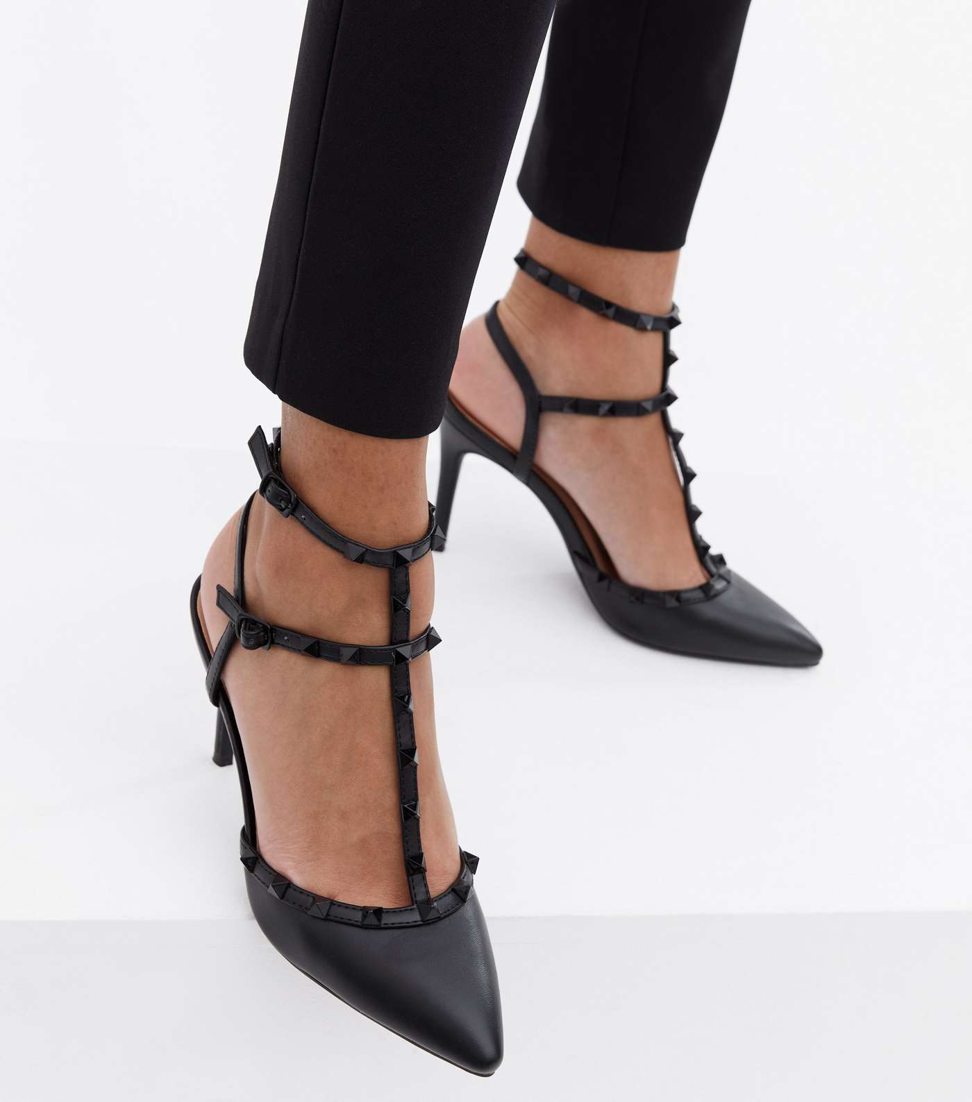 Black Leather-Look Strappy Studded Stiletto Heel Court Shoes Image 2