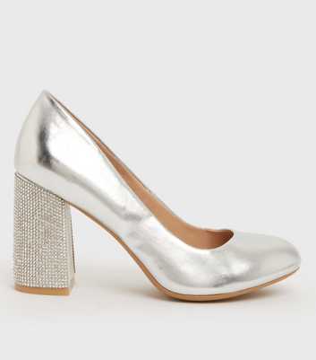 Wide Fit Silver Diamanté Block Heel Court Shoes