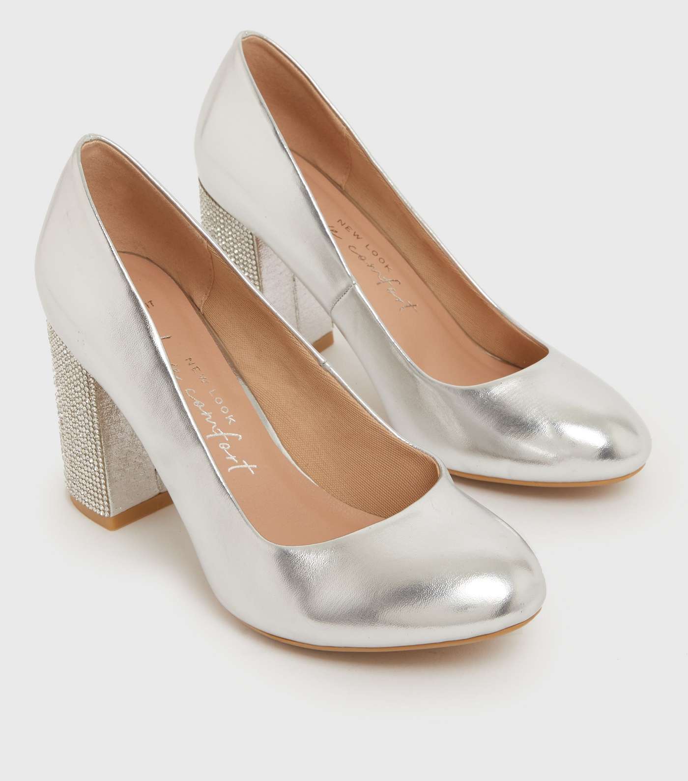 Wide Fit Silver Diamanté Block Heel Court Shoes Image 3