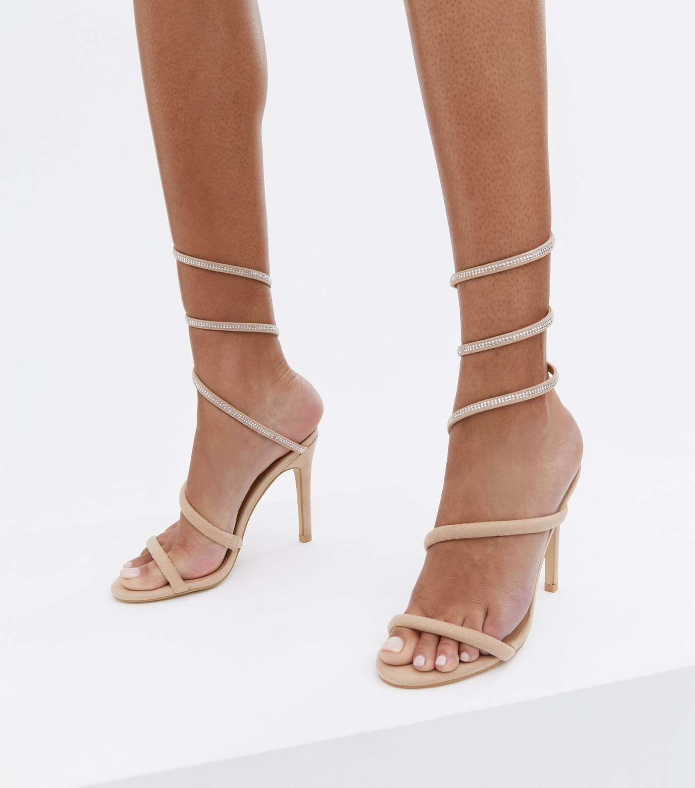 Pale Pink Diamanté High Ankle Stiletto Heel Sandals Image 2