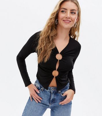 Black Ribbed Cut Out Long Sleeve Crop 